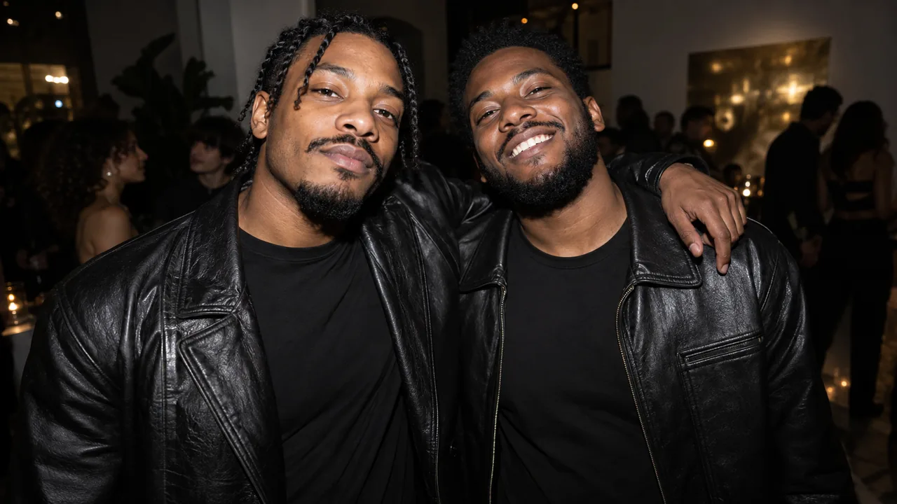 Two performers photographed with direct flash against a dark party background.